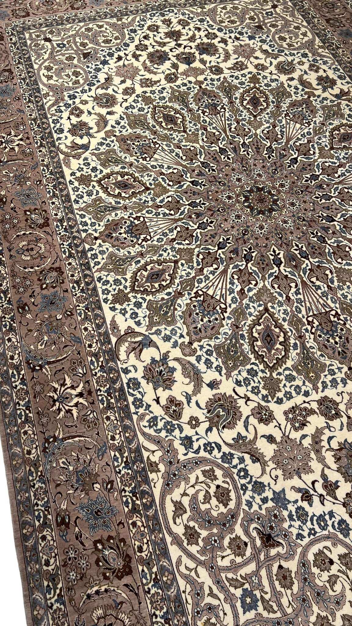 Beige and brown Persian carpet with high knot density.